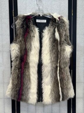 Pamela McCoy Multi Color Stripe Faux Fur Long Zip Vest Black White Purple Pocket